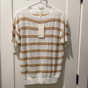 Everly White and Tan Striped Short Sleeve Top
